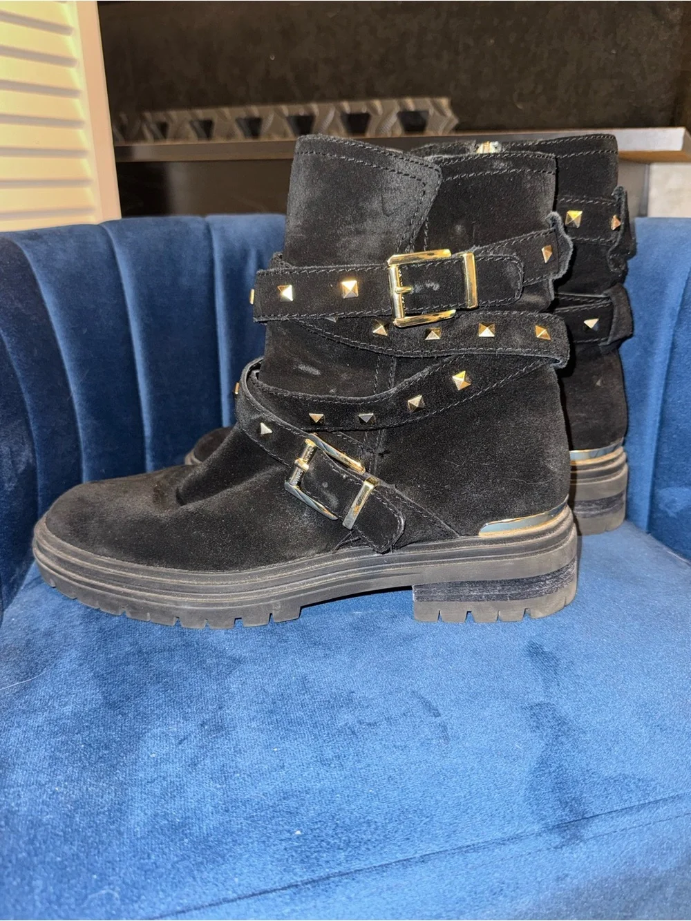 Vine Camuto Black Suede Studded Buckle Ankle Boots - Women
